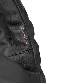 Schwarzer Handschuh aus strukturiertem Leder und Stoff, mit dem "Touch Tec"-Label in Weiß und Rot. Glatte Außenseite mit verstärkten Nähten.