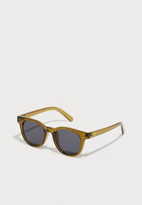 Brown-tinted sunglasses with square frames, dark lenses, semi-transparent arms, and subtle logo accents on the temples.