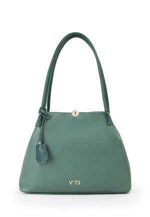 Borsa a mano in pelle verde con doppi manici, logo color oro "V°73" e piccolo dettaglio di chiusura vicino al centro superiore.