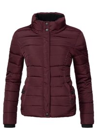 Burgundy puffer jacket with a high collar, horizontal stitching, snap buttons, and side pockets. Features a soft, textured fabric.