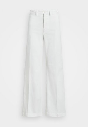 Wide-leg white trousers made from denim, featuring a high waist, button closure, and hidden fly. Smooth texture with no visible patterns.