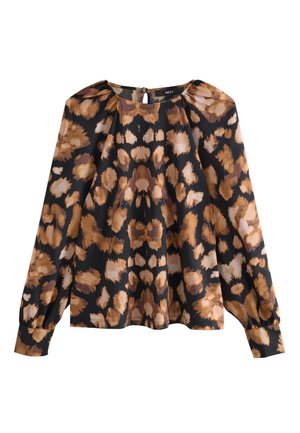 Blouse pour femmes à manches longues avec imprimé animal abstrait en noir, brun et beige, col froncé, fermeture par bouton au dos et manches à poignets.