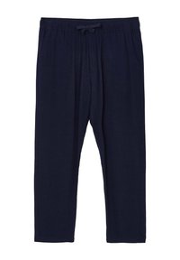 Pantaloni lounge blu navy realizzati in tessuto morbido, con vita elastica e cordino, tasche laterali, taglio dritto e senza fantasie.