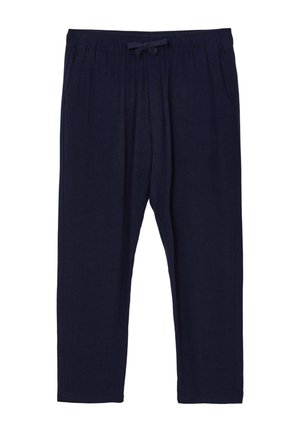 Navy blue lounge pants made of soft fabric, featuring an elastic waistband with a drawstring and side pockets, straight cut, and no patterns.