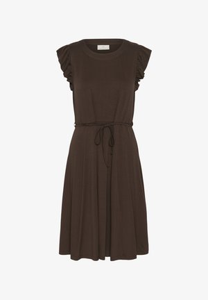 Braunes knielanges Kleid mit gerüschten Puffärmeln, rundem Ausschnitt und dünnem Gürtel, der in der Taille gebunden ist.