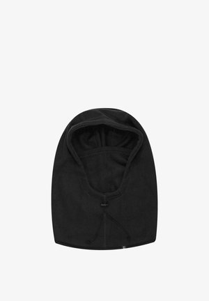 Svart fleecehette med rund form, snorlukke foran og myk tekstur. Ingen tilleggsmønstre eller pynt synlig.