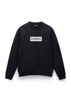 Black sweatshirt with a crew neck, ribbed cuffs, and hem. Features a rectangular white patch with “NAPAPIJRI” and “geographic” text.