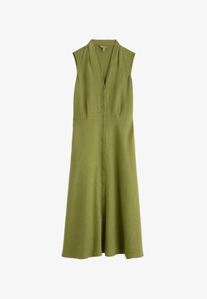 Haljina bez rukava od zelene lanene tkanine s V-izrezom, prednjim dugmadi i lepršavim krojem, srednje dužine i bez vidljivih uzoraka.