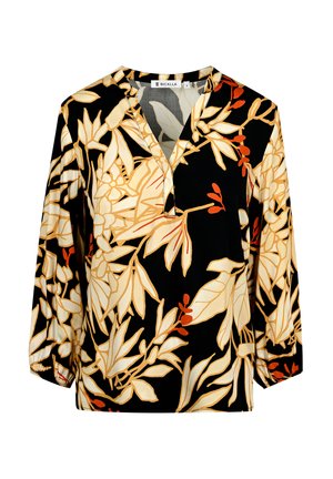 Langärmlige schwarze Bluse mit floralem Druck in Creme und Orange. V-Ausschnitt mit gerafften Details an den Ärmeln für zusätzliche Textur.