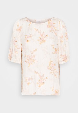 Bluse mit Blumenmuster in Creme mit pinken und gelben Akzenten. Verfügt über einen runden Ausschnitt, kurze Puffärmel und strukturierte vertikale Streifen.