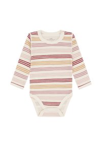 Langärmeliger Babybody mit horizontalen Streifen in Beige, Senf, Mauve und Burgunder auf einem cremefarbenen Hintergrund, mit Druckknöpfen im Schritt.