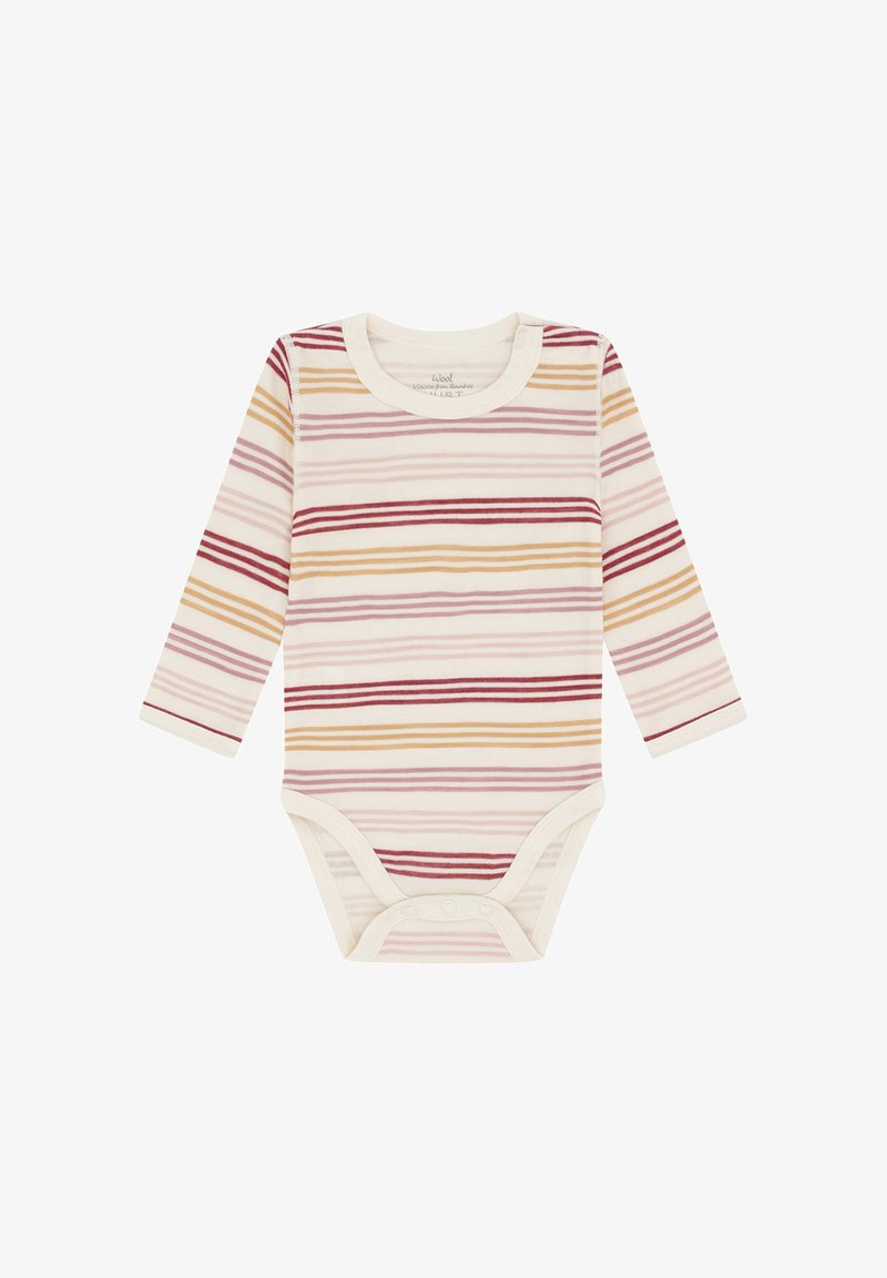Body neonato a maniche lunghe con righe orizzontali in beige, senape, malva e bordeaux su uno sfondo crema, con chiusure a scatto nel cavallo.