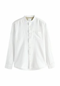 Witte lange mouwen shirt met een staande kraag, voorzien van een enkele borstzak en een knoopsluiting aan de voorkant. Gemaakt van lichtgewicht stof met een gestructureerde afwerking.