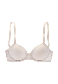Krémová podprsenka s výplňou a čipkovým lemom, nastaviteľné saténové ramienka a stredová mašľa. Hladká látka s jemným leskom.