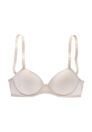 Beige gepolsterter BH mit Spitzenrand, verstellbaren Satinschlaufen und einer zentralen Schleifendetail. Glattes Gewebe mit einem dezenten Glanz.