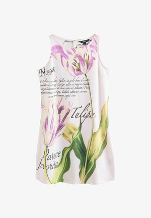 Ärmelloses Top mit floralem Druck, das violette Tulpen auf hellem Hintergrund zeigt, mit grünen Blättern und dekorativem Text. Baumwollmischgewebe.
