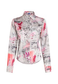 Srajca z dolgimi rokavi, narejena iz svetlo sive tkanine z abstraktnimi roza in rdečimi slikarskimi vzorci. Ima ovratnik in sprednje gumbe ter manšete.