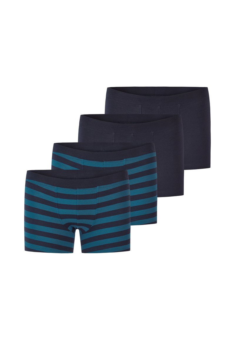 Quattro paia di boxer da uomo: tre in tinta unita blu scuro, uno blu scuro con strisce orizzontali teal. Tessuto morbido, fascia elastica in vita.