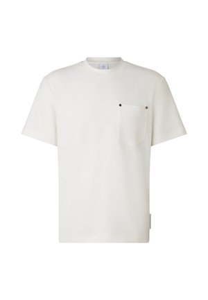 White short-sleeve t-shirt made of soft fabric. Features a chest pocket with black hardware. Straight cut and minimal design.