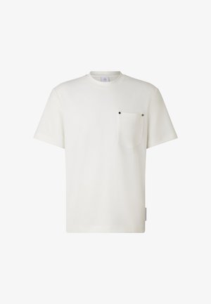 Biały, krótkorękawowy t-shirt wykonany z miękkiego materiału. Posiada kieszonkę na piersi z czarnymi elementami metalowymi. Prosty krój i minimalistyczny design.