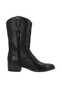 Czarne skórzane kozaki do kolan z bocznym suwakiem, gładką teksturą, niskim obcasem typu słupek oraz ozdobnym przeszyciem na cholewce.