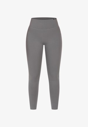 Grå, højtaljede leggings med en glat tekstur. Designet til en tætsiddende pasform med en fuldlængde silhuet og uden synlige mønstre eller hardware.