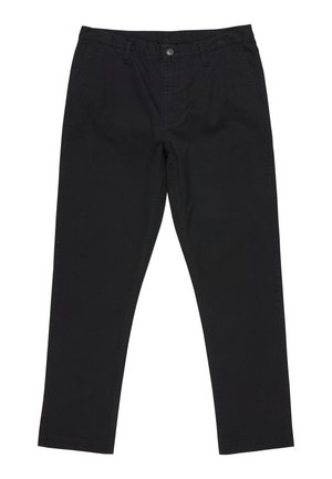 Black cotton chinos with a straight-leg design, button closure, and side pockets. Smooth texture with straight seams and a classic fit.