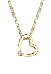Goldfarbener herzförmiger Anhänger an einer Kette, mit einem rosa Edelstein an der Basis. Die Kette hat ein gedrehtes Design und eine glänzende Oberfläche.