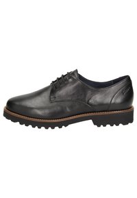 Chaussures noires en cuir à lacets avec une finition lisse, bout arrondi et semelle en caoutchouc dotée de rainures décoratives. Bordure marron le long du bord de la semelle.