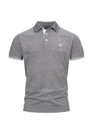 Grey polo shirt made of soft fabric. Features a collared neckline, two button placket, and contrasting stitching on sleeves. Small logo accent.