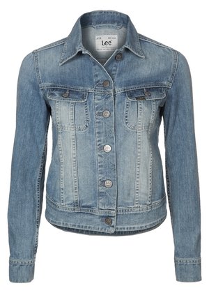Light blue denim jacket with long sleeves, button-up front, two chest pockets with flaps, and Lee brand metal buttons.