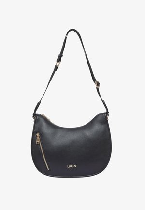 Borsa a tracolla nera curva in pelle texturizzata, tracolla regolabile, tasca frontale diagonale con cerniera e logo dorato "LIU JO".