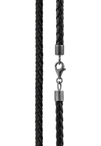 Fekete, fonott bőrkötél texturált felülettel, ezüst színű fém alkatrészekkel és rákkapcsos záródással a biztonságos rögzítés érdekében.