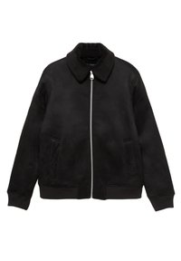Veste bomber noire avec une fermeture éclair argentée à l'avant, deux poches latérales, des poignets et un ourlet côtelés, ainsi qu'un col doux et texturé.