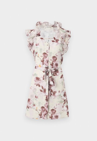 Φόρεμα χωρίς μανίκια με λουλουδιαστό σχέδιο, βολάν στους ώμους, κουμπιά μπροστά και ζώνη που δένει σε απαλές παστέλ αποχρώσεις.