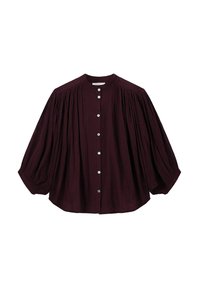 Dark purple long-sleeve blouse with gathered fabric details, round neckline, and white front buttons, creating a loose, flowy silhouette.