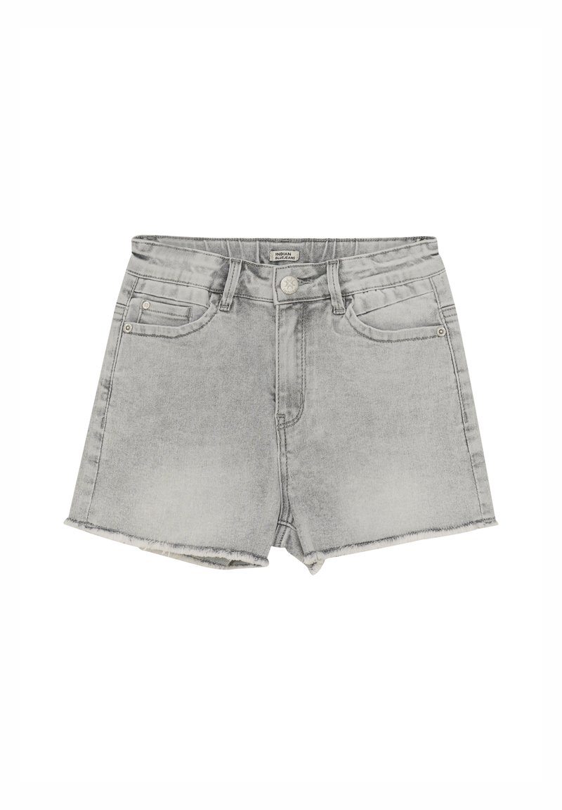 Grå denimshorts med hög midja, fyra fickor och en fransad nederkant. Tyget är något blekt med en slät yta. Metallknappstängning.