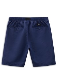 Pantaloni corte blu navy con vita elastica, due tasche posteriori e una piccola etichetta con logo. Tessuto morbido con una vestibilità comoda e design fino al ginocchio.
