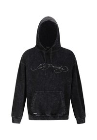 Black hoodie with a front pocket, drawstring hood, logo in cursive on the chest, and a textured fabric finish.