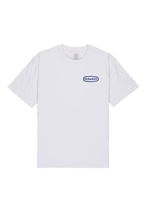 T-shirt en coton blanc à manches courtes et col rond. Présente un logo bleu "ELEMENT" sur le côté gauche de la poitrine.