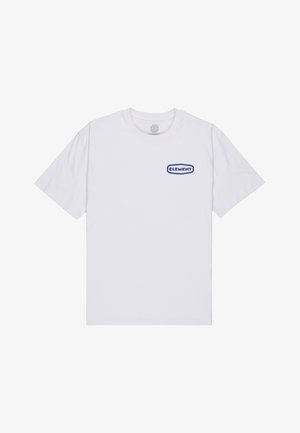 Camiseta de algodón blanca con mangas cortas y escote redondo. Presenta un logo azul de "ELEMENT" en la zona izquierda del pecho.