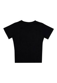 Zwarte T-shirt met korte mouwen van zacht materiaal. Heeft een ronde halslijn en een gladde, niet versierde achterkant.