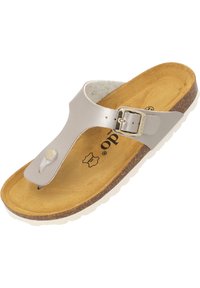 Sandalo infradito in pelle argentata con fibbia, suola in sughero e suola in gomma bianca; presenta una texture liscia e un design arrotondato.