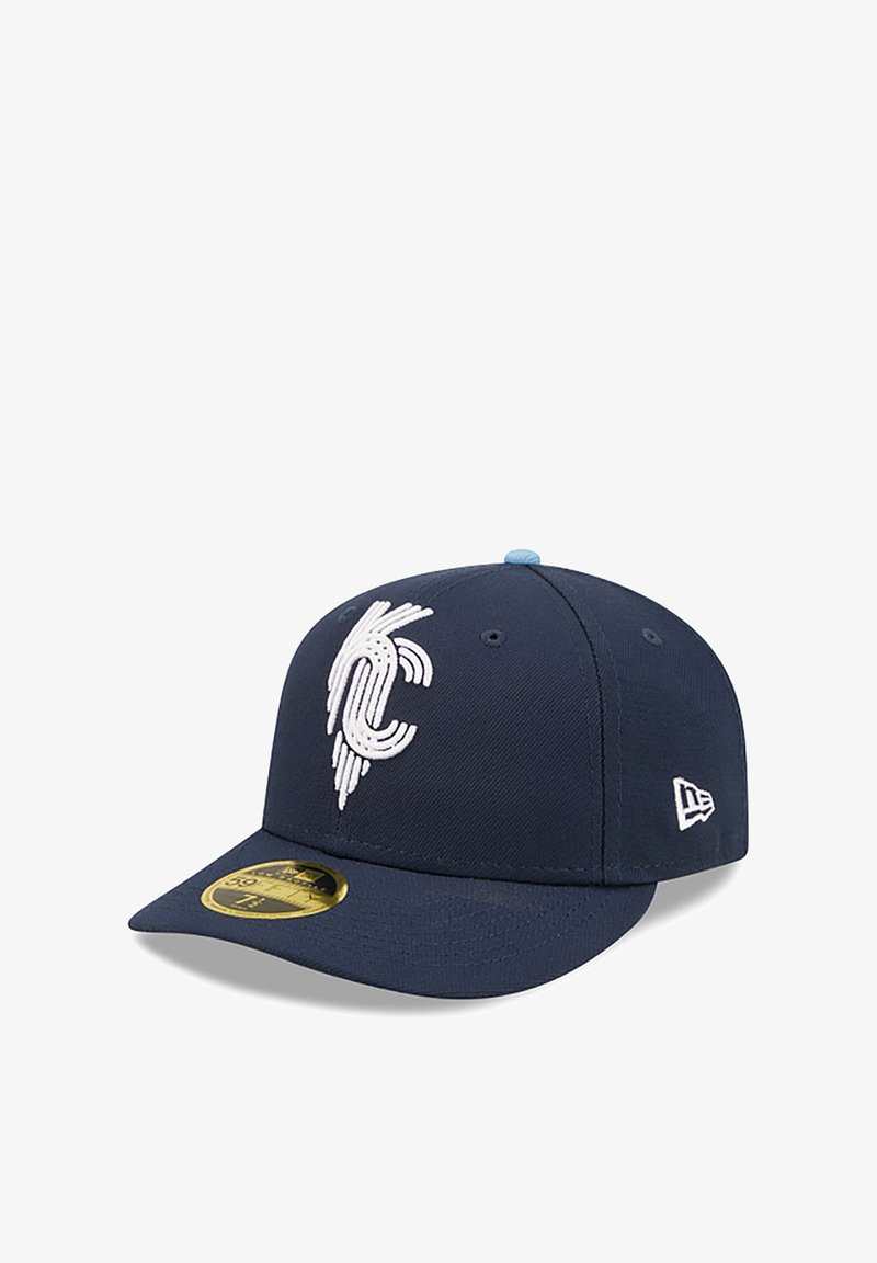 Navy blue baseball cap made of fabric with a straight brim. Features an embroidered white logo on the front and a light blue accent on the top.