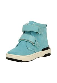 Blaue Wildlederschuhe mit hohen Sohlen, zwei Klettverschlüssen, weißer Zwischensohle und schwarzem Gummiaußensohle. Glatte Textur und abgerundetes Zehenprofil.