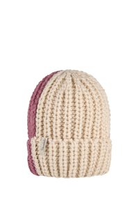 Chunky knit beanie with folded brim, cream front, and dusty rose back, featuring a small fabric tag on the brim.