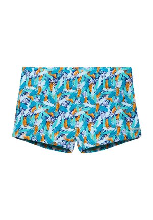 Bañador colorido con un patrón floral y animal en tonos azules, verdes, naranjas y blancos, hecho de tejido ligero.