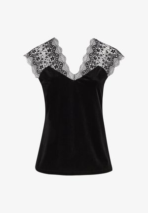 Haut en velours noir avec un col en V et des manches courtes en dentelle festonnée à motif floral blanc. Texture douce et design légèrement ajusté.