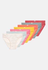 Sedem parov ženskih bombažnih hlačk v pastelnih in intenzivnih barvah: smetana, svetlo modra, rožnata, rumena, koralna in rdeča, z majhnim belim vozelčkom.