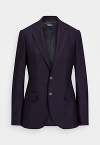 Mörk marinblå skräddarsydd blazer med slag, två framfickor med klaff, bröstficka, och tvåknappsstängning, fodrad inuti.